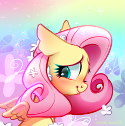 Size: 771x780 | Tagged: safe, artist:rrd-artist, derpibooru import, part of a set, fluttershy, pegasus, pony, abstract background, blushing, bust, female, flower, flower in hair, looking away, looking down, mare, portrait, profile, small wings, smiling, solo, spread wings, wings