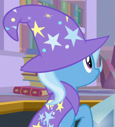 Size: 749x821 | Tagged: safe, derpibooru import, screencap, trixie, pony, unicorn, the ending of the end, cape, clothes, cropped, hat, raised hoof, solo, trixie's cape, trixie's hat