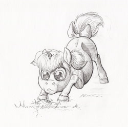 Size: 2000x1986 | Tagged: safe, artist:lady-limule, derpibooru import, oc, oc only, oc:windy sky, pony, unicorn, bow, female, filly, grayscale, horn, inktober 2017, looking down, monochrome, solo, tail bow, traditional art, unicorn oc