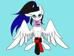 Size: 1600x1200 | Tagged: safe, artist:minelvi, derpibooru import, oc, oc only, pegasus, pony, blue background, clothes, eyelashes, heterochromia, mouth hold, pegasus oc, sign, simple background, socks, solo, spread wings, wings