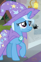 Size: 560x852 | Tagged: safe, derpibooru import, screencap, trixie, pony, unicorn, a horse shoe-in, cape, clothes, cropped, crying, hat, puppy dog eyes, sad, teary eyes, trixie's cape, trixie's hat