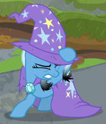 Size: 849x988 | Tagged: safe, derpibooru import, screencap, trixie, pony, unicorn, a horse shoe-in, cape, clothes, cropped, eyes closed, hat, trixie's cape, trixie's hat