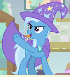 Size: 678x738 | Tagged: safe, derpibooru import, screencap, trixie, pony, unicorn, a horse shoe-in, cape, clothes, cropped, hat, open mouth, trixie's cape, trixie's hat