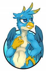 Size: 1237x1912 | Tagged: safe, artist:hobbes-maxwell, derpibooru import, gallus, griffon, badge, blushing, male, solo, student six