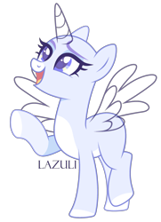 Size: 1866x2578 | Tagged: safe, artist:lazuli, derpibooru import, oc, oc only, alicorn, pony, alicorn oc, bald, base, colored hooves, eyelashes, horn, looking up, open mouth, raised hoof, signature, simple background, solo, transparent background, wings