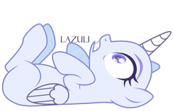 Size: 2110x1360 | Tagged: safe, artist:lazuli, derpibooru import, oc, oc only, alicorn, pony, alicorn oc, bald, base, eyelashes, gritted teeth, horn, lying down, on back, signature, simple background, solo, transparent background, wide eyes, wings