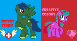 Size: 798x432 | Tagged: safe, artist:daisyrosepup16, derpibooru import, oc, oc only, earth pony, pegasus, base used, duo, earth pony oc, female, looking back, male, mare, pegasus oc, raised hoof, stallion, unshorn fetlocks, wings