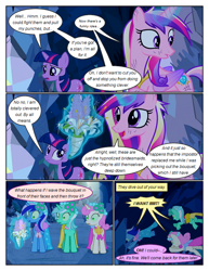 Size: 612x792 | Tagged: safe, artist:newbiespud, derpibooru import, edit, edited screencap, screencap, lyra heartstrings, minuette, princess cadance, twilight sparkle, twinkleshine, unicorn twilight, alicorn, pony, unicorn, comic:friendship is dragons, a canterlot wedding, bouquet, cave, comic, dialogue, female, flower, glowing horn, horn, magic, mare, mind control, screencap comic, telekinesis, wide eyes