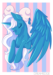 Size: 2480x3507 | Tagged: safe, artist:dreamedge, derpibooru import, oc, oc:fleurbelle, alicorn, adorabelle, alicorn oc, bow, cute, ear fluff, eyes closed, female, hair bow, horn, mare, ocbetes, wings