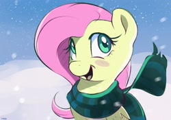 Size: 2500x1750 | Tagged: safe, artist:nookprint, derpibooru import, fluttershy, pegasus, pony, blush sticker, blushing, bust, clothes, female, folded wings, high res, looking at you, mare, open mouth, outdoors, scarf, smiling, snow, snowfall, solo, three quarter view, wings, winter, winter outfit