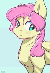 Size: 827x1201 | Tagged: safe, artist:nookprint, derpibooru import, butterscotch, fluttershy, pegasus, pony, blush sticker, blushing, chest fluff, green background, male, muscles, rule 63, simple background, solo, stallion