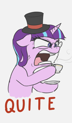 Size: 853x1448 | Tagged: safe, artist:t72b, derpibooru import, starlight glimmer, pony, unicorn, classy, cup, faic, female, floppy ears, hat, mare, monocle, open mouth, pun, quiet, s5 starlight, simple background, solo, teacup, top hat, white background