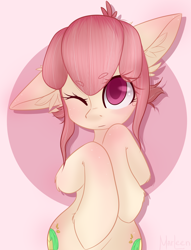 Size: 1956x2560 | Tagged: safe, artist:marleen, derpibooru import, oc, oc only, oc:hopple scotch, earth pony, pony, blushing, both cutie marks, circle background, commission, cute, cutie mark, ear fluff, eye clipping through hair, female, looking at you, mare, one eye closed, pigtails, signature, simple background, solo, standing, wink, winking at you, ych result