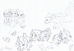 Size: 2192x1505 | Tagged: safe, artist:jolliapplegirl, derpibooru import, iron will, oc, oc:acheron, oc:ardent melody, oc:rose red, oc:sour note, oc:summer solstice, oc:toxic love, oc:winter solstice, changeling, human, hybrid, pegasus, pony, siren, unicorn, blushing, fangs, magical lesbian spawn, offspring, parent:adagio dazzle, parent:aria blaze, parent:mane-iac, parent:princess cadance, parent:queen chrysalis, parent:sonata dusk, parent:sour sweet, parent:sunset shimmer, parents:mansalis, parents:sonatasweet, parents:sunsagio, traditional art