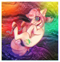 Size: 1600x1667 | Tagged: safe, artist:ottcat23, derpibooru import, oc, oc only, oc:hopple scotch, earth pony, pony, ankle cuffs, chains, commission, cuffs, drugs, female, hooves to the chest, looking at you, mare, psychedelic, rainbow background, solo, swirly eyes, tripping, ych result