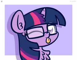 Size: 3250x2560 | Tagged: safe, artist:kimjoman, derpibooru import, twilight sparkle, twilight sparkle (alicorn), alicorn, pony, :p, chest fluff, ear fluff, eyes closed, female, glasses, mare, one eye closed, solo, tongue out, wink