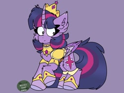 Size: 2048x1536 | Tagged: safe, artist:nordicgoat, derpibooru import, twilight sparkle, twilight sparkle (alicorn), alicorn, pony, armor, chestplate, crown, female, fluffy, hoof shoes, jewelry, mare, raised hoof, regalia, simple background, solo, wing armor