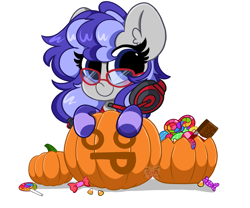 Size: 4200x3500 | Tagged: safe, artist:kittyrosie, derpibooru import, oc, oc only, oc:cinnabyte, adorkable, candy, clothes, commission, cute, dork, food, gaming headset, glasses, headphones, headset, pumpkin, simple background, smiling, socks, solo, striped socks, white background, ych result, your character here