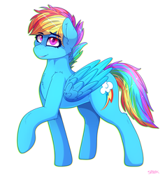Size: 1592x1668 | Tagged: safe, artist:aaa-its-spook, derpibooru import, rainbow dash, pegasus, pony, alternate hairstyle, backwards cutie mark, eye clipping through hair, female, mare, raised hoof, short mane, simple background, smiling, solo, white background