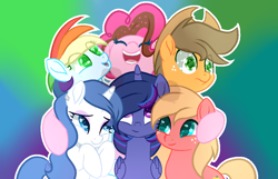 Size: 1000x644 | Tagged: safe, artist:littleskyrose-yt, derpibooru import, oc, oc only, oc:apple heart, oc:apple shine, oc:cotton candy, oc:glam, oc:storm runner, oc:twilight shine, alicorn, earth pony, pegasus, pony, unicorn, abstract background, alternate mane six, base used, colored pupils, cowboy hat, freckles, group hug, hat, hooves to the chest, hug, next generation, offspring, open mouth, outline, parent:applejack, parent:big macintosh, parent:caramel, parent:cheese sandwich, parent:fancypants, parent:flash sentry, parent:fluttershy, parent:pinkie pie, parent:rainbow dash, parent:rarity, parent:soarin', parent:twilight sparkle, parents:carajack, parents:cheesepie, parents:flashlight, parents:fluttermac, parents:raripants, parents:soarindash, raised hoof, smiling