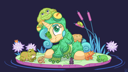 Size: 6000x3375 | Tagged: safe, artist:pirill, derpibooru import, oc, oc only, oc:fidget, frog, pony, unicorn, absurd resolution, animal, blue background, budgett's frog, clothes, colored pupils, costume, digital art, eyebrows, eyepatch, female, flower, grass, hair, hoodie, horn, kigurumi, lily (flower), lilypad, looking up, mane, mare, onesie, outfit, pastel, reed, ripples, signature, simple background, sitting, smiling, solo, tail, three quarter view, vector, water