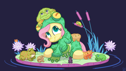 Size: 6000x3375 | Tagged: safe, alternate version, artist:pirill, derpibooru import, fluttershy, frog, pegasus, pony, absurd resolution, animal, blue background, budgett's frog, clothes, colored pupils, costume, cute, digital art, eyebrows, eyepatch, female, flower, grass, hair, hidden wings, hoodie, horn, kigurumi, lily (flower), lilypad, looking up, mane, mare, onesie, outfit, pastel, reed, ripples, shyabetes, signature, simple background, sitting, smiling, solo, tail, three quarter view, vector, water