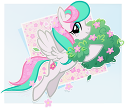 Size: 881x763 | Tagged: safe, artist:conphettey, derpibooru import, blossomforth, pegasus, pony, alternate hairstyle, bush, female, flower, flying, mare, plant, solo