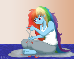 Size: 1000x800 | Tagged: safe, artist:empyu, derpibooru import, rainbow dash, equestria girls, barefoot, breasts, cleavage, feet, gradient background, haircut, long hair, scissors, sitting