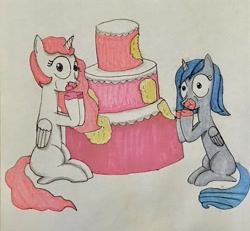 Size: 1492x1376 | Tagged: safe, artist:martialarts2003, derpibooru import, princess celestia, princess luna, alicorn, pony, blank flank, cake, caught, cewestia, eating, female, filly, folded wings, food, frosting, horn, looking at you, marker drawing, markers, mouth full, pink-mane celestia, sitting, traditional art, wings, woona, younger