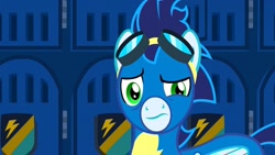 Size: 1280x720 | Tagged: safe, derpibooru import, screencap, soarin', pegasus, newbie dash, clothes, goggles, male, solo, stallion, uniform, wonderbolts, wonderbolts uniform