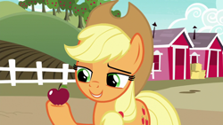 Size: 1920x1080 | Tagged: safe, derpibooru import, screencap, applejack, earth pony, pony, the last problem, apple, apple tree, food, solo, tree