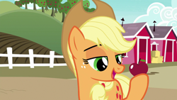 Size: 1920x1080 | Tagged: safe, derpibooru import, screencap, applejack, earth pony, pony, the last problem, apple, apple tree, food, solo, tree