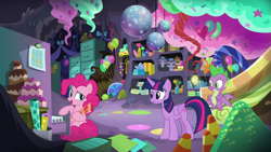 Size: 1920x1080 | Tagged: safe, derpibooru import, screencap, pinkie pie, spike, twilight sparkle, twilight sparkle (alicorn), alicorn, dragon, earth pony, pony, the last problem, cake, candy, candy cane, disco ball, food, party cave, traffic cone, winged spike