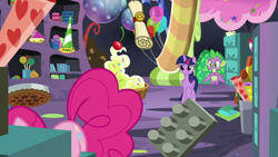 Size: 1920x1080 | Tagged: safe, derpibooru import, screencap, pinkie pie, spike, twilight sparkle, twilight sparkle (alicorn), alicorn, dragon, earth pony, pony, the last problem, balloon, disco ball, food, party cave, pie, scroll, winged spike