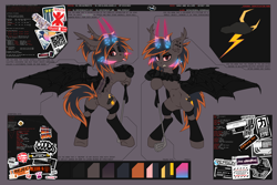 Size: 6000x4000 | Tagged: safe, artist:ivanmidnight, derpibooru import, oc, oc only, oc:altered carbon, oc:midnight storm, bat pony, pony, amputee, angry, artificial wings, augmented, belly button, bipedal, bipedal leaning, clothes, cutie mark, cyberpunk, dock, dock piercing, fangs, female, forked tongue, golf club, hologram, hoofless socks, horns, industrial piercing, leaning, lichtenberg figure, looking at you, looking back, mare, piercing, ponytail, prosthetic leg, prosthetic limb, prosthetic wing, prosthetics, rear view, red eyes, reference sheet, simple background, slit eyes, socks, solo, spread wings, tongue out, torn ear, underhoof, wings