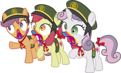Size: 1154x696 | Tagged: safe, artist:sollace, derpibooru exclusive, derpibooru import, apple bloom, scootaloo, sweetie belle, unicorn, 28 pranks later, .svg available, badge, betrayal, clothes, cookie zombie, cutie mark crusaders, derp, female, filly, filly guides, hypocrisy, open mouth, raised leg, scout uniform, scoutaloo, simple background, svg, transparent background, trio, two toned mane, two toned tail, vector