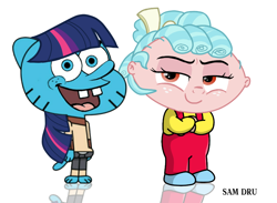 Size: 1000x731 | Tagged: safe, artist:samueldavillo, derpibooru import, cozy glow, twilight sparkle, cat, barely pony related, cursed image, face swap, family guy, gumball watterson, looking at you, simple background, spongebob squarepants, stewie griffin, the amazing world of gumball, white background, wtf