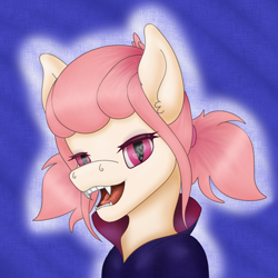 Size: 1080x1080 | Tagged: safe, artist:ismim, derpibooru import, oc, oc only, oc:hopple scotch, earth pony, pony, undead, vampire, vampony, blue background, bust, clothes, fangs, female, heart eyes, inktober, looking at you, mare, open mouth, pigtails, portrait, race swap, simple background, slit eyes, solo, wingding eyes