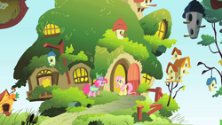 Size: 1920x1080 | Tagged: safe, derpibooru import, screencap, fluttershy, gummy, pinkie pie, alligator, earth pony, pegasus, pony, party of one, cake, female, fluttershy's cottage, food, mare