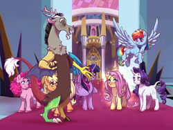 Size: 4000x3000 | Tagged: safe, artist:yami-sempai, derpibooru import, applejack, discord, fluttershy, pinkie pie, rainbow dash, rarity, twilight sparkle, twilight sparkle (alicorn), alicorn, draconequus, earth pony, pegasus, pony, unicorn, the beginning of the end, mane six, scene interpretation