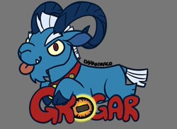 Size: 570x418 | Tagged: safe, derpibooru import, grogar, sheep, badge, crystal ball, gray background, grogar's orb, looking at you, male, ram, simple background, solo, tongue out