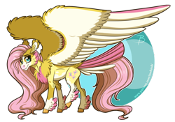 Size: 1644x1151 | Tagged: safe, artist:inuhoshi-to-darkpen, derpibooru import, fluttershy, pegasus, pony, alternate design, chest fluff, cloven hooves, colored wings, ear fluff, ethereal mane, female, mare, redesign, simple background, solo, starry mane, tail feathers, transparent background, unshorn fetlocks, wings