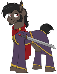 Size: 1620x2086 | Tagged: safe, artist:rokosmith26, derpibooru import, oc, oc only, earth pony, pony, button, clothes, ear piercing, earring, facial hair, hoof fluff, jewelry, male, piercing, ponytail, robe, scarf, simple background, smiling, solo, stallion, standing, sword, transparent background, weapon