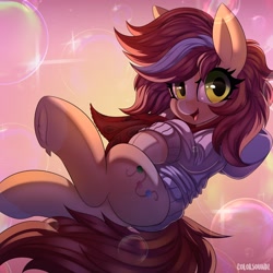 Size: 4096x4096 | Tagged: safe, artist:ask-colorsound, derpibooru import, oc, oc only, oc:bead trail, earth pony, pony, abstract background, bubble, clothes, commission, female, hoodie, looking at you, mare, scarf, smiling at you, solo, underhoof