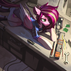 Size: 3000x3000 | Tagged: safe, artist:nsilverdraws, derpibooru import, oc, oc only, oc:stardust trails, pegasus, pony, fallout equestria, clothes, female, laser rifle, lying down, mare, screwdriver, wrench