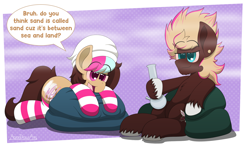 Size: 3000x1758 | Tagged: safe, artist:aarondrawsarts, derpibooru import, oc, oc only, oc:nea quinn, oc:sherbert frost, earth pony, beanie, bloodshot eyes, bong, clothes, cloven hooves, dialogue, drugs, hat, high, marijuana, socks, striped socks, unshorn fetlocks