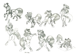 Size: 1500x1061 | Tagged: safe, artist:baron engel, derpibooru import, apple bloom, earth pony, pony, belly dance, belly dancer outfit, bridle, butt, female, filly, monochrome, pencil drawing, plot, solo, tack, traditional art
