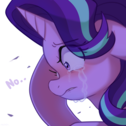 Size: 2600x2600 | Tagged: safe, artist:maren, derpibooru import, starlight glimmer, pony, unicorn, crying, eye clipping through hair, female, mare, no, simple background, solo, white background