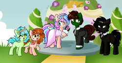 Size: 3100x1600 | Tagged: safe, artist:thieftea, derpibooru import, oc, oc:berlen, oc:horizon, oc:jelly, oc:scrap, oc:zhele, earth pony, pony, unicorn, best man, bouquet, bride, clothes, dress, family, flower, grass, groom, happy, marriage, suit, wedding, wedding dress, wedding suit