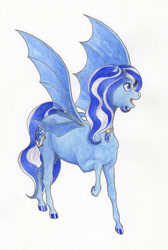 Size: 1984x2948 | Tagged: safe, artist:lady-limule, derpibooru import, oc, oc only, oc:crescendo, bat pony, pony, bat pony oc, bat wings, colored hooves, female, mare, open mouth, raised hoof, solo, traditional art, wings